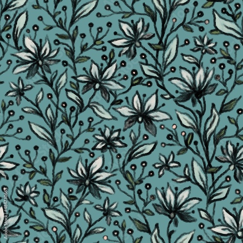 DIGITAL SEAMLESS PATTERN WITH BEIGE PASTEL FLOWERS ON TURQUOISE BACKGROUND