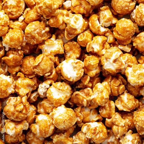 Homemade Caramel Popcorn, top view. Flat lay, overhead, from above. Close-up.