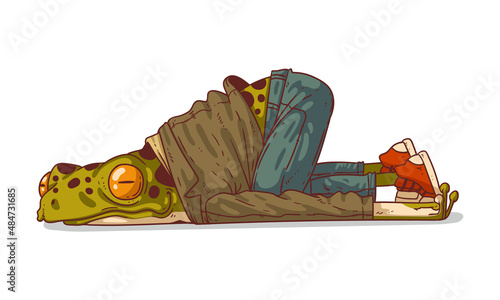 Exhausted humanized frog, vector illustration. Tired anthropomorphic frog, lying powerless on the ground, with his hands by his sides. An animal character with a human body. photo