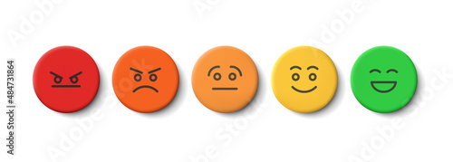 Rating scale or pain scale in the form of emoticons. From red to green smiley. Vector clipart isolated on white background.