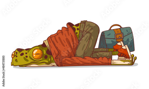 Exhausted humanized frog after a workday, vector illustration. Tired anthropomorphic frog, lying powerless on the ground, with his briefcase nearby. An animal character with a human body.