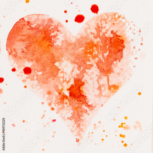 Watercolor painted pink heart, on the white watercolor paper.