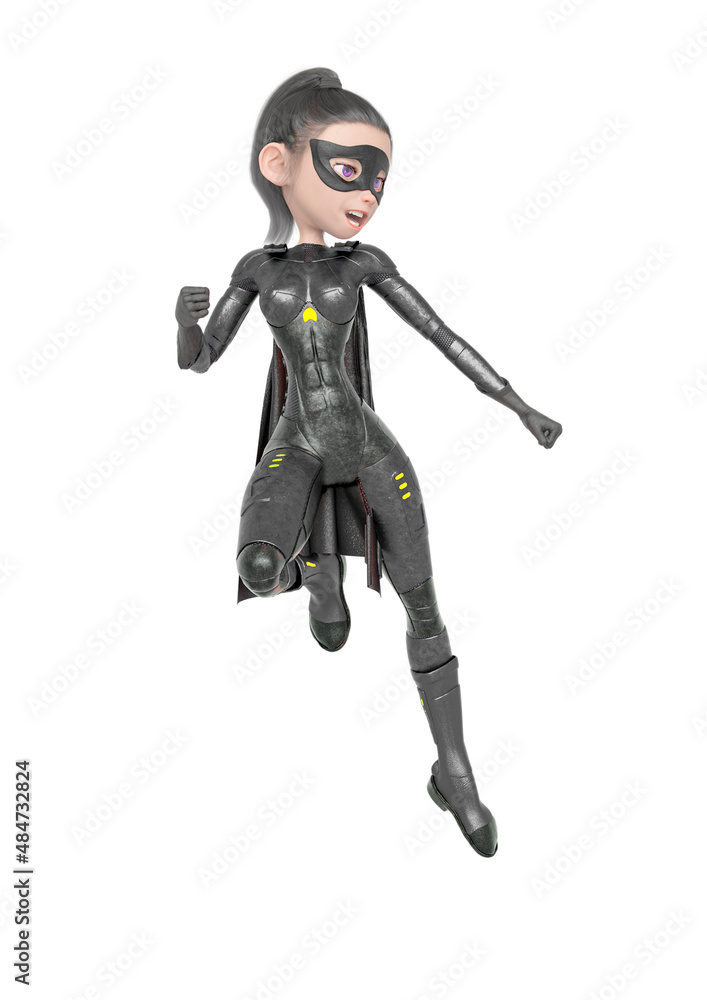 superheroine girl is floating and ready for action in white background superheroine girl is floating and ready for action in white background
