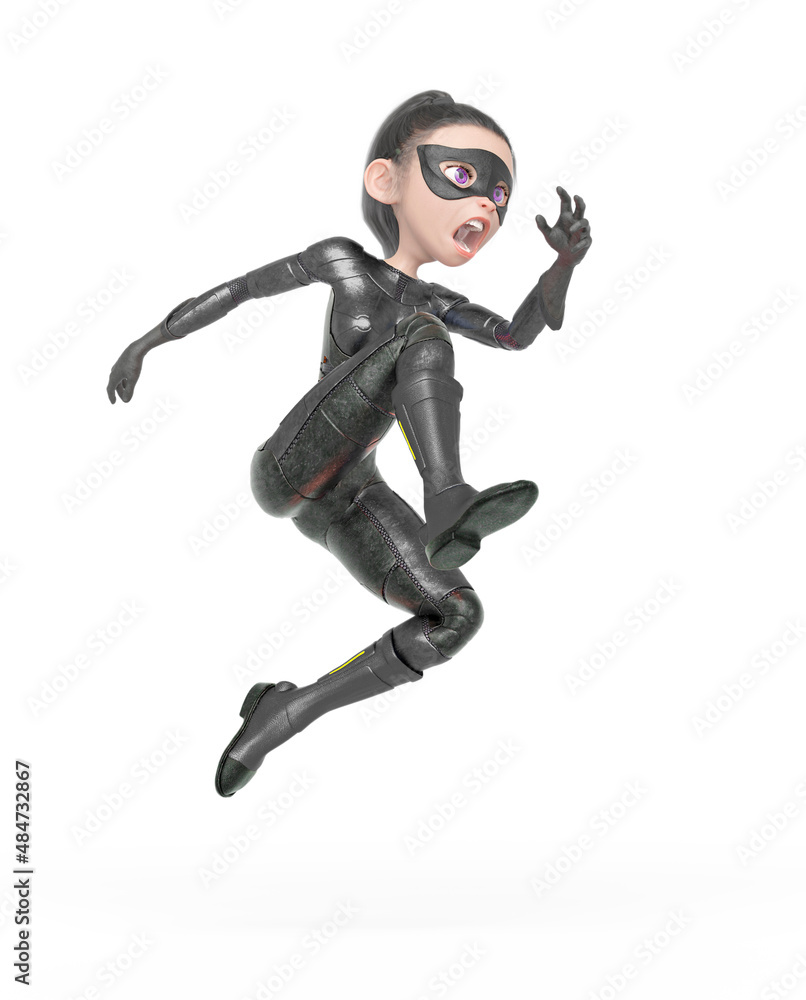 superheroine girl is jumping fast in white background