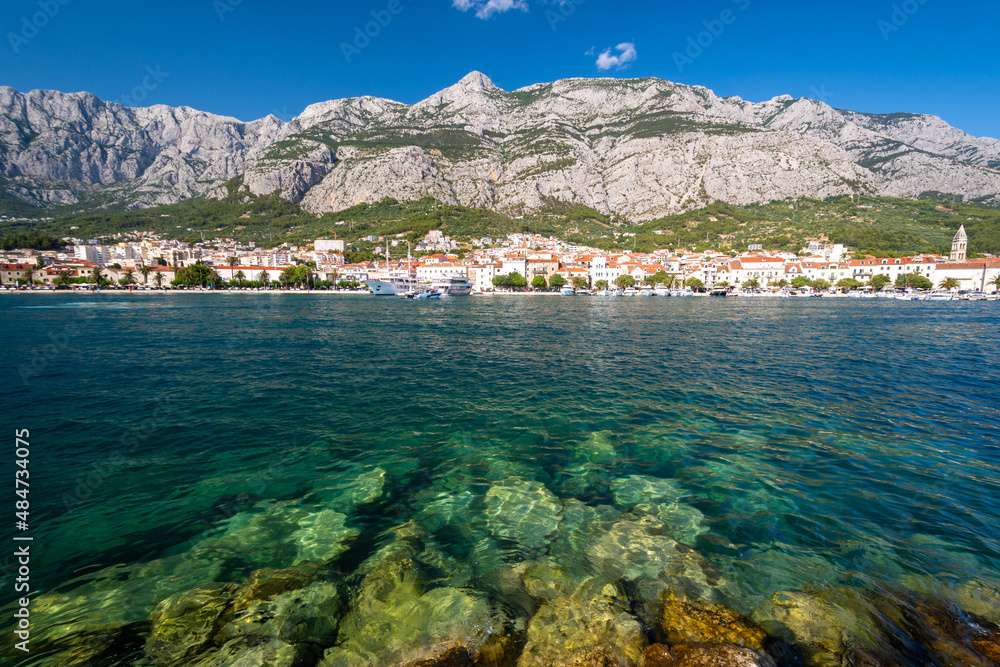 view on Makarska town and Biokovo mountains from adriatic sea in Dalmatia region in Croatia