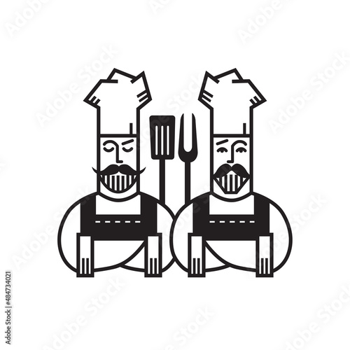 Chief cook in cap symbol or logo. Restaurant, food concept, hand drawn elements. Vector.