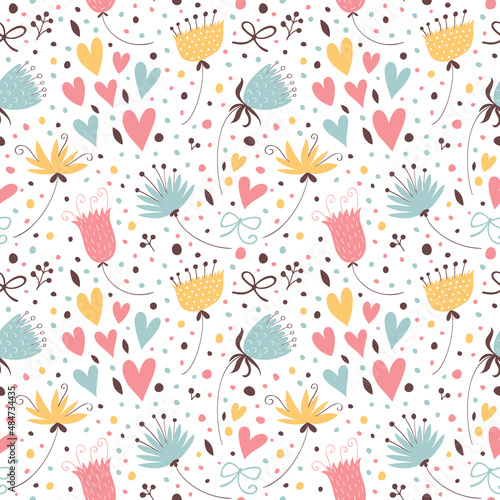 Seamless background with leaves, flowers and berries in pastel colors.
