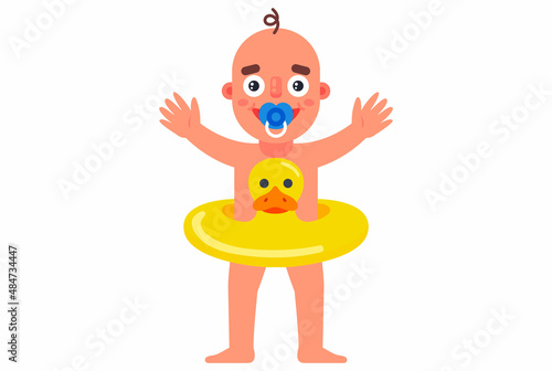 yellow inflatable duck lifebuoy raid on a child. flat vector illustration.