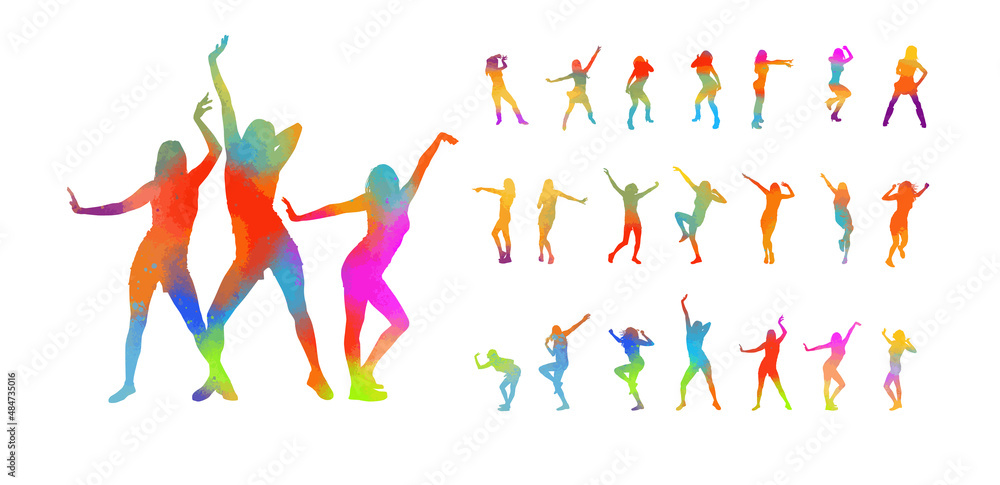 Dancing colorful girls. Set of rainbow silhouettes. Vector illustration