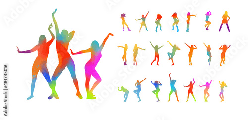 Dancing colorful girls. Set of rainbow silhouettes. Vector illustration