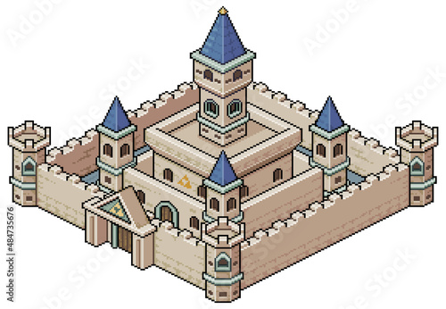 Pixel art isometric medieval castle vector icon for 8bit game on white background
