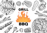Bbq grill food sketch. Menu design template. Grilled fish and vegetables frame. Vector illustration. Engraved design. Hand drawn illustration.