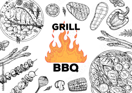 Bbq grill food sketch. Menu design template. Grilled fish and vegetables frame. Vector illustration. Engraved design. Hand drawn illustration.