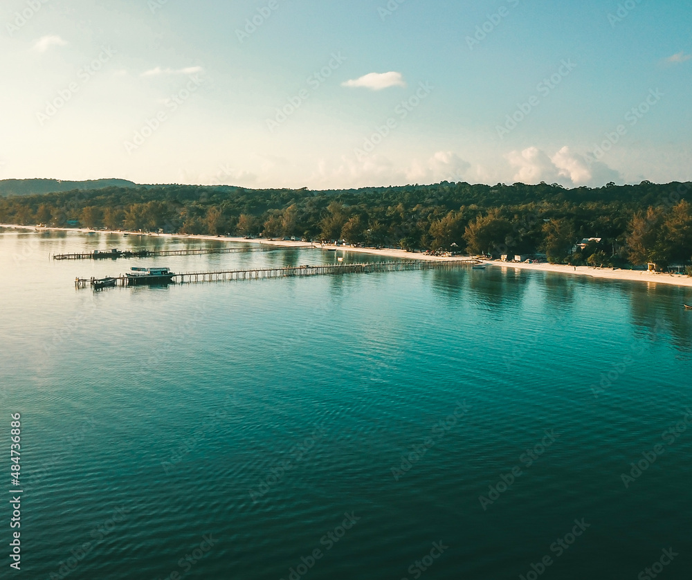 Drone shot of a jetty scenery from top in Koh Rong Sanloem Island, Sihanoukville,  Cambodia.