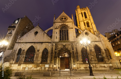 The Church of Saint-Nicolas-des-Champs at night . It is a Catholic church in Paris Third arrondissement.