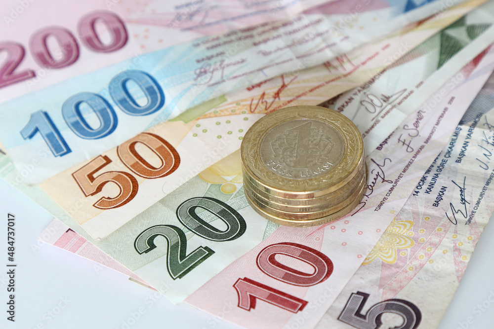 Bunch of Various Turkish Currency Lira Banknotes and Coins. Turkish Lira banknotes and coins. Bunch of Various Turkish Currency Lira Banknotes and Coins. Turkish Lira banknotes and coins.