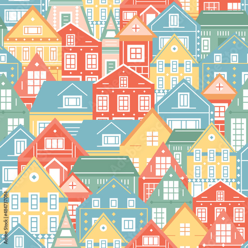 Cityscape of european city street view seamless pattern. Colorful village houses vector illsutration. For interior decor, poster adn fabric print design. © Mk_alb