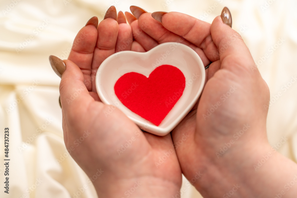 hands hold a red heart on white background hands hold a red heart on white background