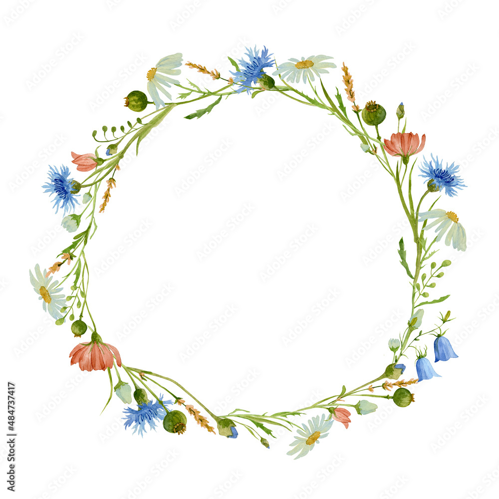 Watercolor Floral Wreath with wild herbs. Circle frame for wedding invitations or greeting cards. Hand drawn Round border with Flowers. Botanical illustration