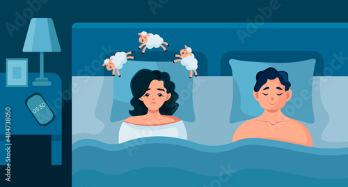 Husband and wife are lying in bed in a dark room. The woman suffers from insomnia. A tired girl lies with her eyes open and cannot fall asleep. Vector illustration in cartoon style