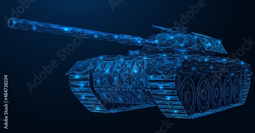 Military tank. Armored combat vehicle. Polygonal design of interconnected lines and points. Blue background.