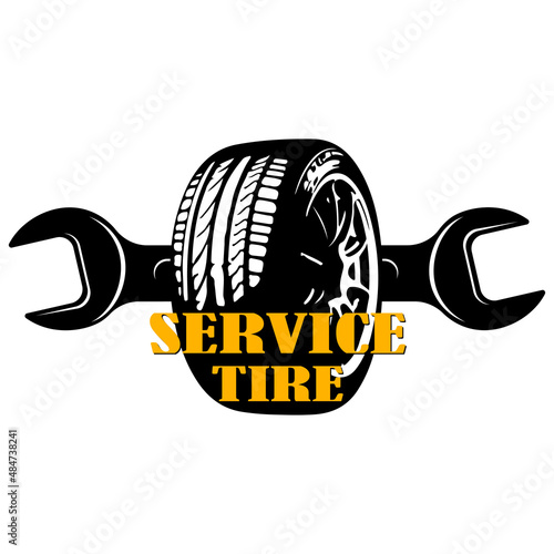 Black silhouette of car tires and wrench symbol. Repair and replacement of car tires