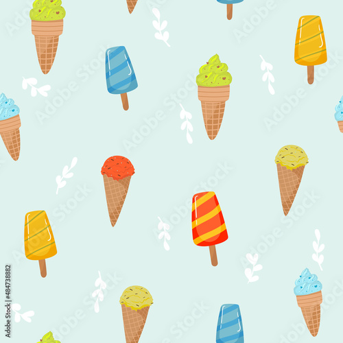 Ice creams seamless pattern. Summer holidays with popsicles, ice cream cones frozen dessert. Cartoon sweet food vector texture on blue . hand drawing