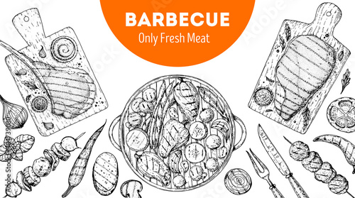 Steak House menu. Bbq grill food sketch. Menu design template. Grilled meat and vegetables frame. Vector illustration. Engraved design. Hand drawn illustration.