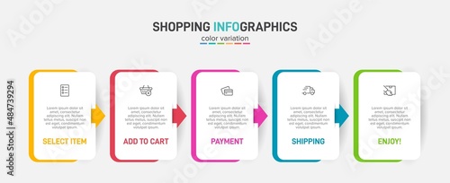 Concept of shopping process with 5 successive steps. Five colorful graphic elements. Timeline design for brochure, presentation, web site. Infographic design layout.