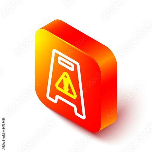 Isometric line Wet floor and cleaning in progress icon isolated on white background. Cleaning service concept. Orange square button. Vector