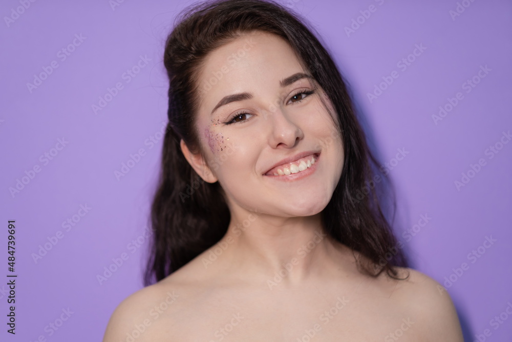 beautiful young brunette girl woman on Very Peri background. trendy color 2022. light purple. violet. beautiful young brunette girl woman on Very Peri background. trendy color 2022. light purple. violet.