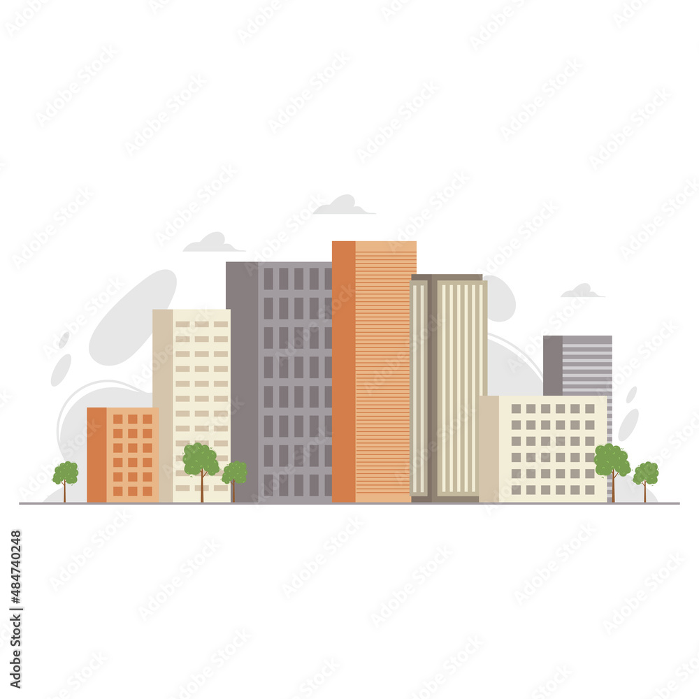 City center or downtown area vector illustration in flat style. Metropolis or megalopolis landscape with office buildings and business centres. Cityscape concept.