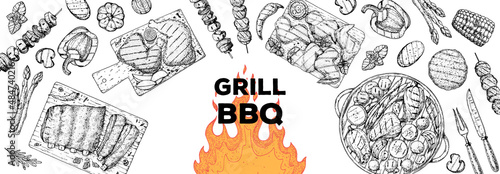 Bbq grill food sketch. Menu design template. Grilled meat and vegetables frame. Vector illustration. Engraved design. Hand drawn illustration.
