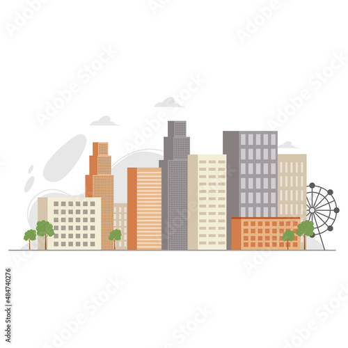 Cityscape or downtown landscape with towers  skyscrapers  office buildings and business centres of different sizes. Metropolis or megalopolis vector illustration in flat style.