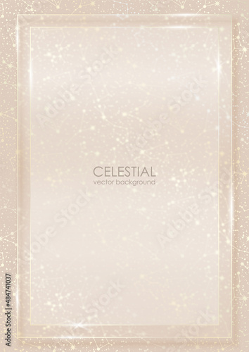 Vector celestial luxury background in light soft nude colors with zodiac constellations, golden lines and glass copy space. A4 remium glossy template with shiny stars for notebook cover