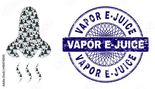 Fractal mosaic snuff and Vapor E-Juice round rubber stamp seal. Blue stamp includes Vapor E-Juice text inside circle and guilloche structure. Vector mosaic is formed of random rotated snuff elements.