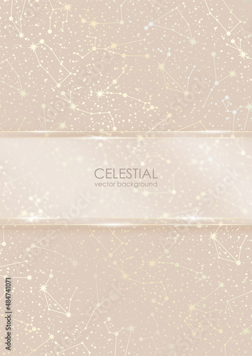 Vector celestial luxury background in light soft nude colors with zodiac constellations, golden lines and glass copy space. A4 remium glossy template with shiny stars for notebook cover