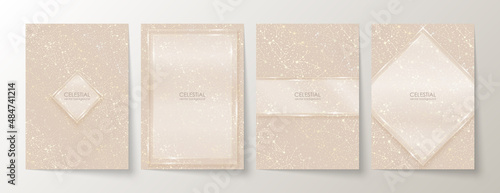 Vector celestial luxury backgrounds set in light soft nude colors with zodiac constellations, golden lines and glass copy space. A4 remium glossy elegant templates with shiny stars for notebook cover
