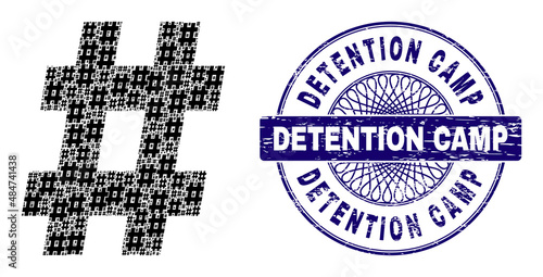 Recursive collage hashtag and Detention Camp round scratched stamp. Violet stamp seal includes Detention Camp title inside circle and guilloche decoration.