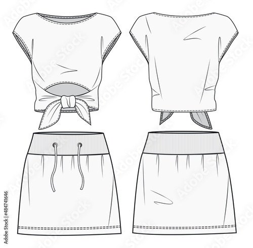 Top and skirt for women fashion flat sketch template. Crop top and skirt knitted fashion flat drawing template. Sportwear set flat template. 