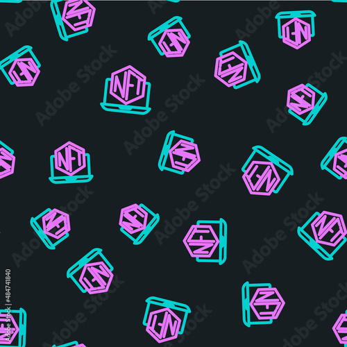 Line Laptop with art store app icon isolated seamless pattern on black background. Technology of selling NFT tokens for cryptocurrency. Non fungible token concept. Vector
