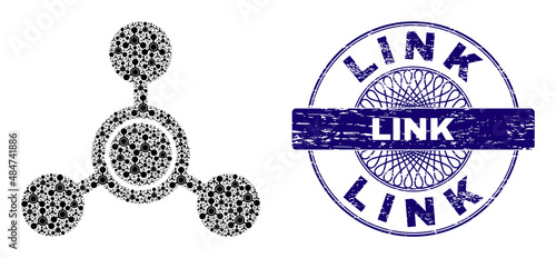 Recursive collage methane molecule and Link round textured stamp imitation. Violet stamp includes Link tag inside circle and guilloche technique.