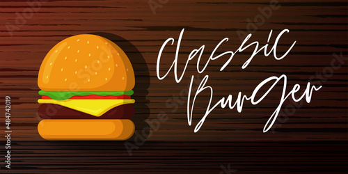 Classic burger fast food advertising banner template. Hamburger on wooden board marketing poster for cafe or restaurant. Fresh cheeseburger promo design horizontal vector eps illustration