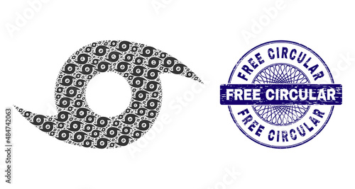 Recursion collage storm whirlpool and Free Circular round rubber stamp imitation. Violet stamp seal includes Free Circular caption inside circle and guilloche decoration.