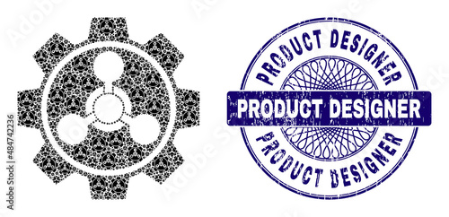 Fractal mosaic chemical industry and Product Designer round unclean stamp imitation. Violet stamp seal includes Product Designer caption inside circle and guilloche style.