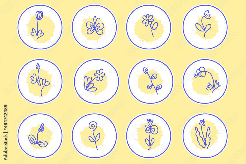 Elegance highlight icons set of continuous line flowers. Logo for boutique, floral shop, eco product. Hand drawn vector illustration for decor and design.
Elegance highlight icons set of continuous line flowers. Logo for boutique, floral shop, eco product. Hand drawn vector illustration for decor and design.