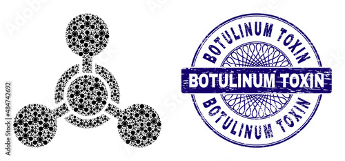 Recursion collage chemical poison and Botulinum Toxin round rubber stamp imitation. Blue stamp includes Botulinum Toxin caption inside circle and guilloche pattern.