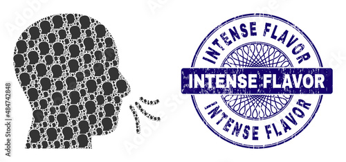 Recursive mosaic sniff and Intense Flavor round rubber seal. Violet stamp seal includes Intense Flavor caption inside circle and guilloche pattern.