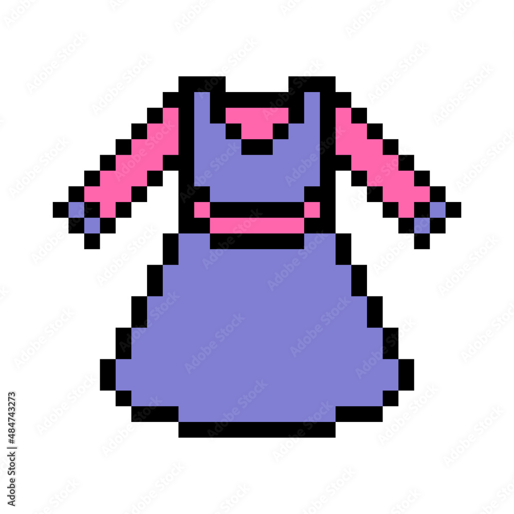 Fototapeta premium Pixel art symbol of little girls' dress isolated on white background. Children's fashion look. Stylish kid clothes icon. Old school retro vintage 90s, 80s 8 bit slot machine, 2d video game graphics.
