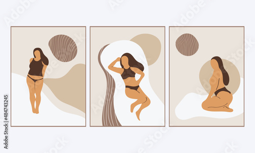 Set with abstract female figures in a minimal style. Vector poster with a woman in underwear. Vector vintage illustration for home decor.